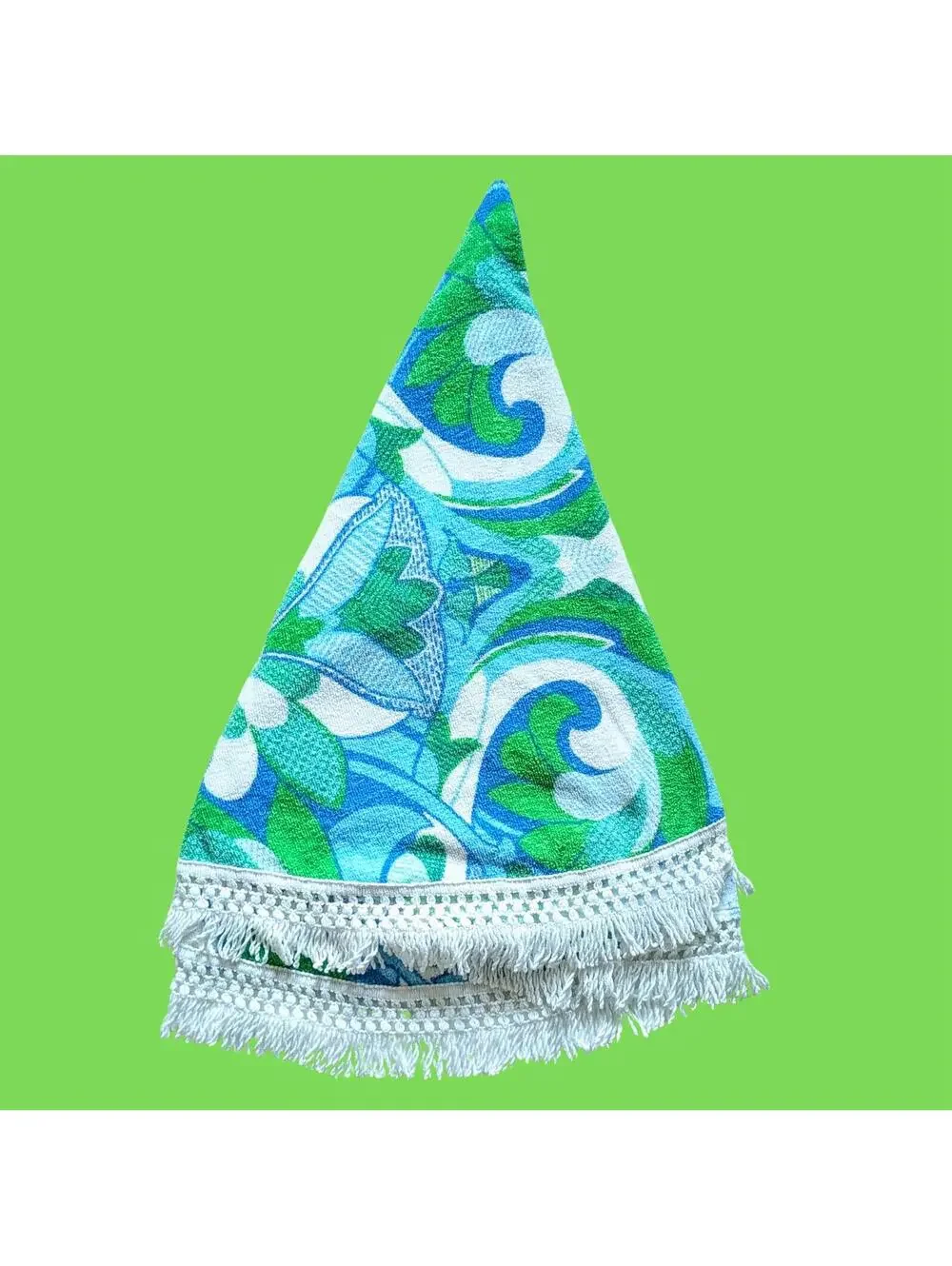 Vintage Round Terry Cloth Tablecloth with Groovy Print and Fringed Edge